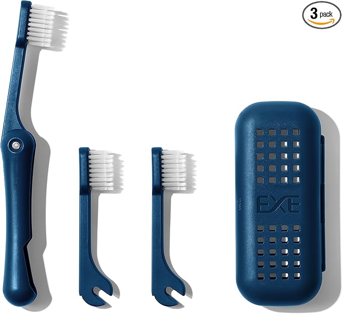 Minibox Folding Travel Toothbrush | 1 Pk w/ 2 Extra Replaceable Brush Heads | Comes with Dual-Length Bristles & Case| Compact Mini Design for Business Trips, Camping, & Outdoor Activities| Blue