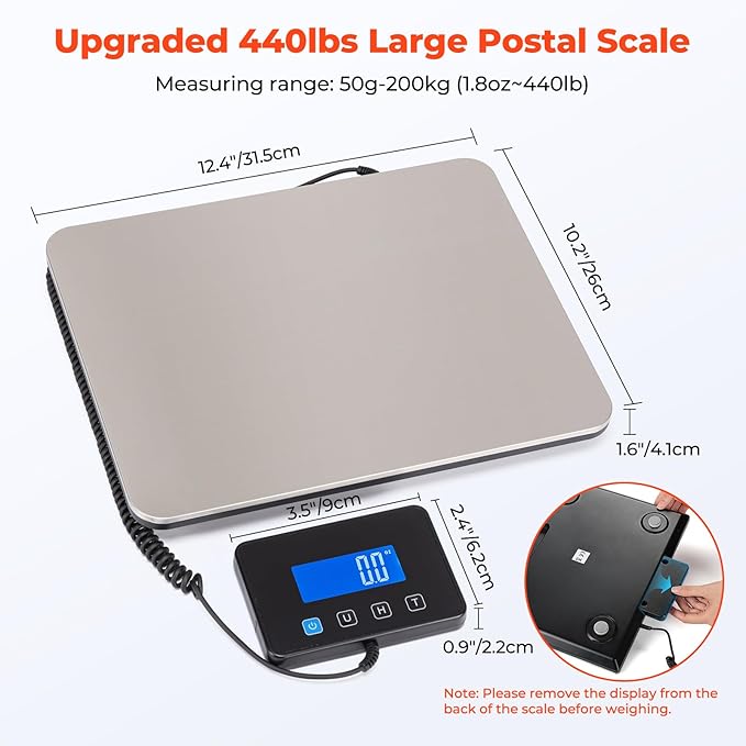 MUNBYN Shipping Scale, 440lb/1.8oz Digital Postal Scale for Packages with Hold/Tare Function, Backlit LCD, Battery & Cable Included, Postage Scale for Small Business, Packages, Luggage, and Home Use