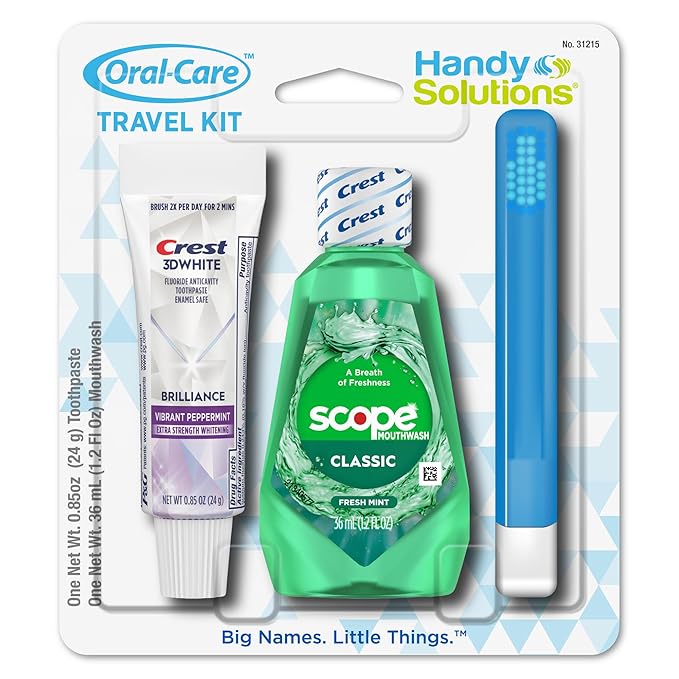 Handy Solutions Oral Care 3-Piece Trial Size Set w/Mouthwash, Whitening Toothpaste, & Travel Toothbrush (Pack of 6), TSA Approved