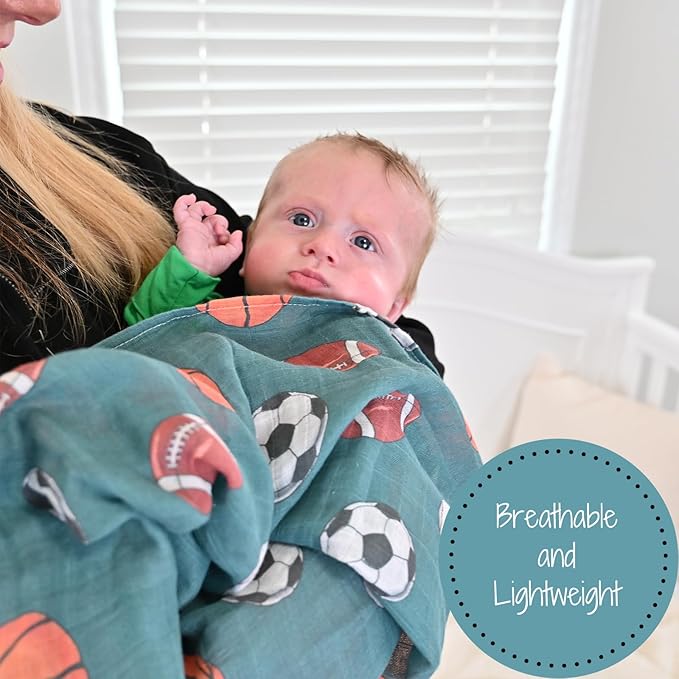 LollyBanks Muslin Swaddle Blankets, 100% Cotton Baby Swaddle Blanket for Boys, Large 47 x 47 Inches Newborn Swaddles, Soft and Breathable Baby Receiving Blankets, Registry (Sports Theme Print)