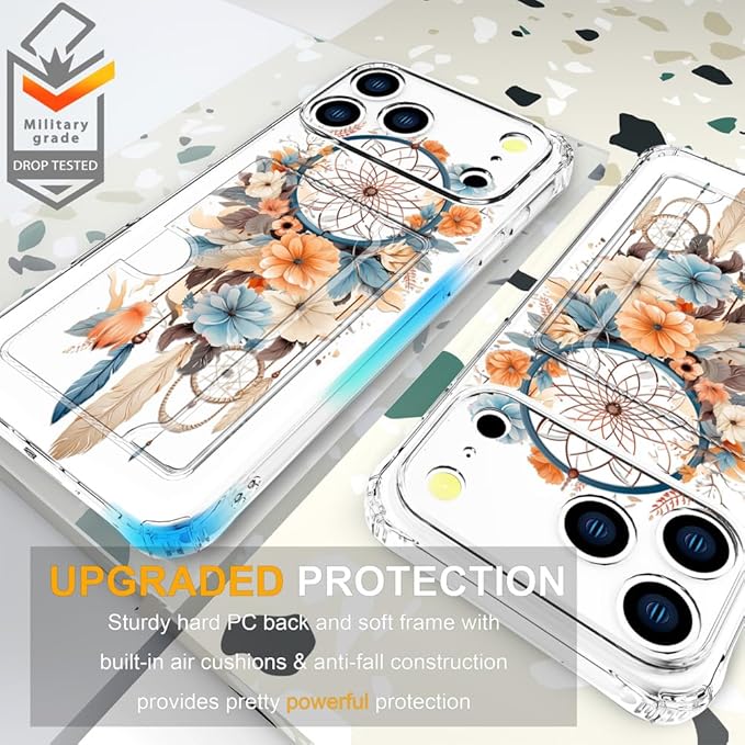 Compatible with iPhone 17 Pro Max Case Card Holder for Women Cute Design,Wallet Phone Cases Transparent Cool Kawaii Protective (Clear Dreamcatcher Dream Cather)