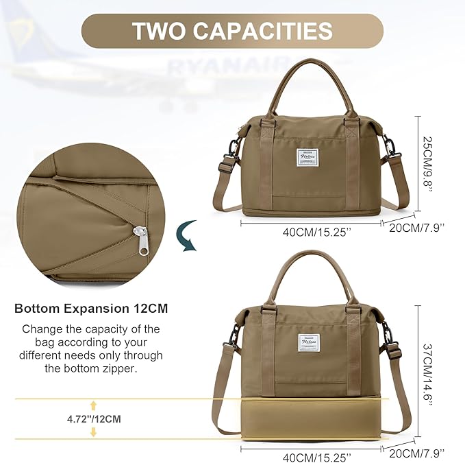 Travel Duffel Bag, 18x14x8 Inches Travel Bag Spirit with Shoes Compartment, Weekender Overnight Bag for Women with Trolley Sleeve, Carry On Bag for Airplanes Sport Tote Gym Bag(Khkai).