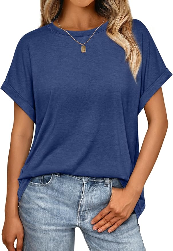 AUTOMET Women's Oversized Short Sleeve T Shirts Casual Drop Shoulder Rolled Cuff Summer Tops for Work, Travel and Lounge