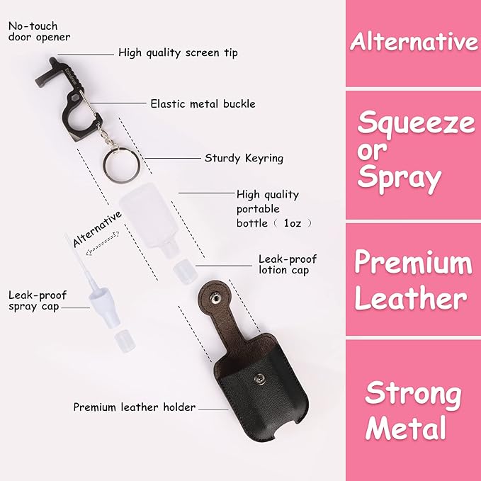 2 PCS Hand Sanitizer Keychains, Premium Leather Hand Sanitizer Holders, Travel Size Cases, Spray or Squeeze, Refillable, Red, Black, Empty