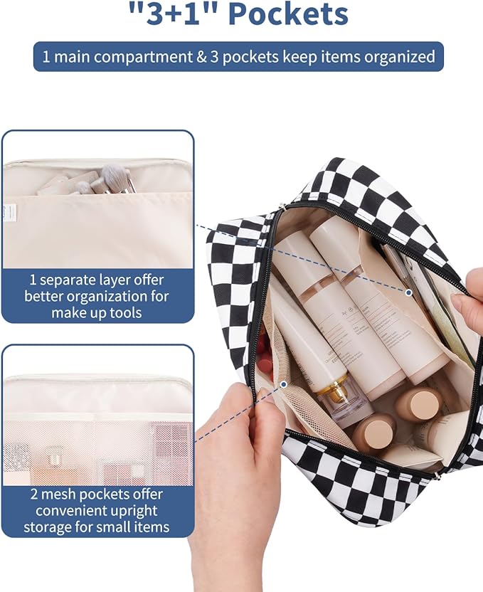 Narwey Large Toiletry Bag Women Cosmetic Bag Travel Makeup Bag Organizer Medicine Bag for Toiletries Essentials Accessories (Black Checkerboard, Large)