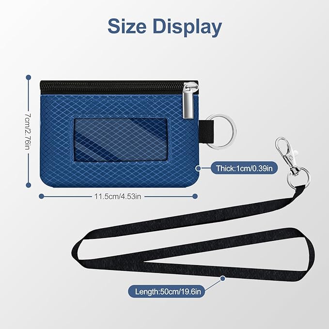 Minimalist RFID Blocking Small Wallet with ID Window,WaterResistant Zip Id Case Wallet with Lanyard Keychain for Cards,Cash,Travel,Women,Men (Electric Blue)