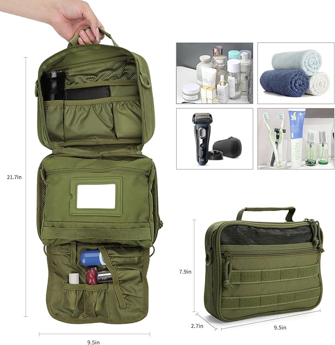 SUNRISING Tactical Toiletry Bag for Men, Hanging Travel Toiletry Organizer Dopp Kit, Shaving Hygiene Toiletries Bag, Men's Toiletry Bag for Short Trips Camping - Green