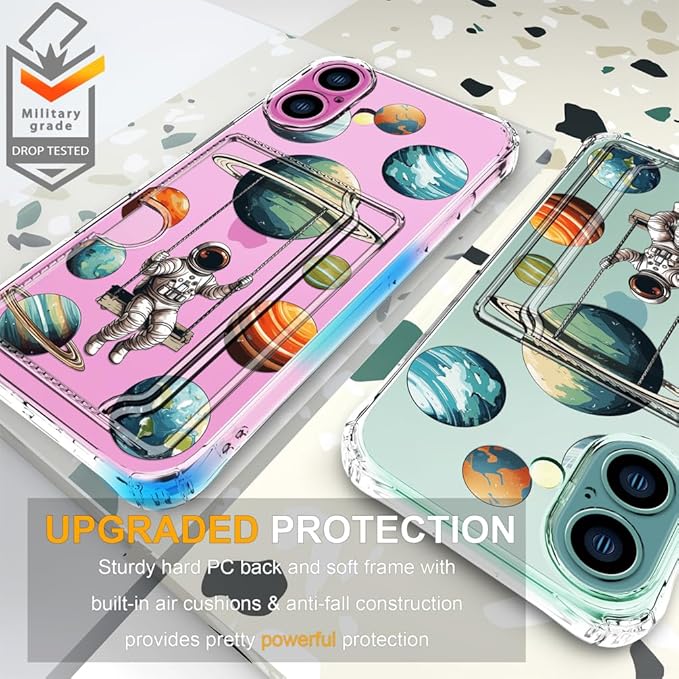Compatible with iPhone 17 Case Card Holder for Women Cute Design,Wallet Phone Cases Transparent Cool Kawaii Protective (Clear Astronaut Space Planets)