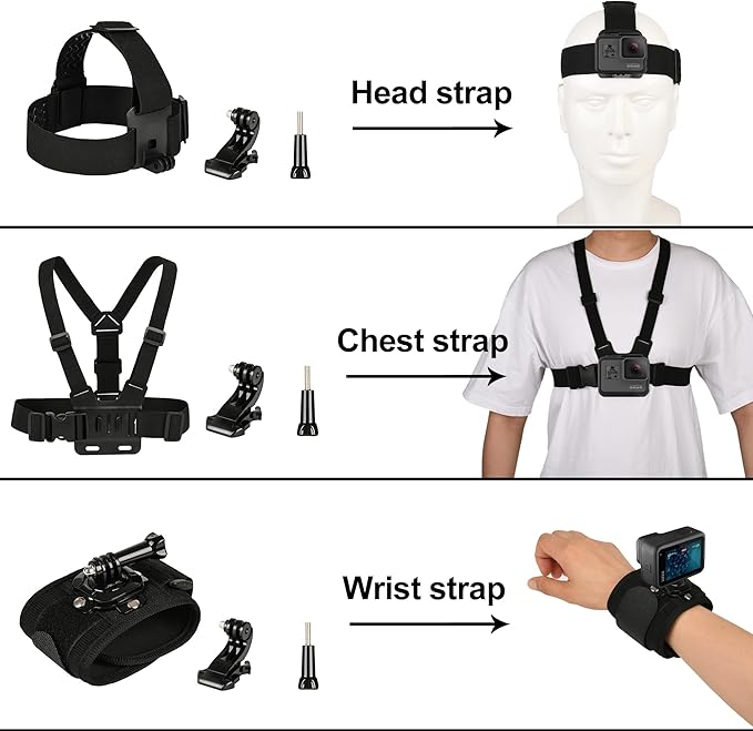 3 in 1 Accessories Set for GoPro Hero 13 12 11 10 9 8 7 6 5 4 3 Black, Chest Mount Harness/Head Strap Mount/ 360°Rotating Wrist Strap, Adjustable Flexible Accessories Kit
