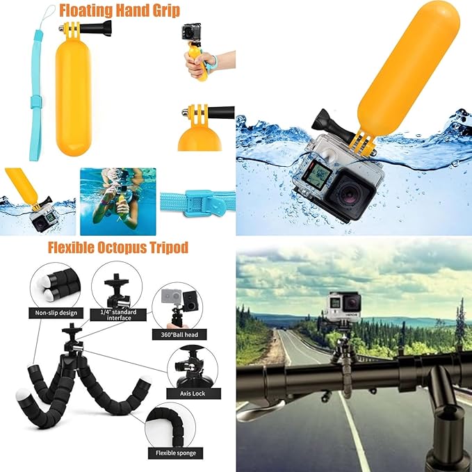 36 in 1 Accessories Kit for Action Camera, Chest & Head Strap Mount, 360° Rotating Wrist Strap Mount, Backpack Clip, Suction Cup Mount, Floating Handle Grip and Various Adjustable Camera Accessories