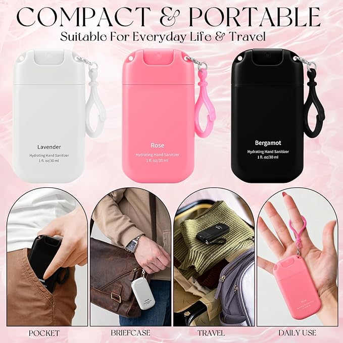 Set of 3 Power Mist Hydrating Hand Sanitizer Spray Bulk with Keychain Travel Size Refreshing Hand Sanitizer 1 Fl. oz Compact Spray Bottle Romantic Rose Bergamot Lavender for Graduation Gifts