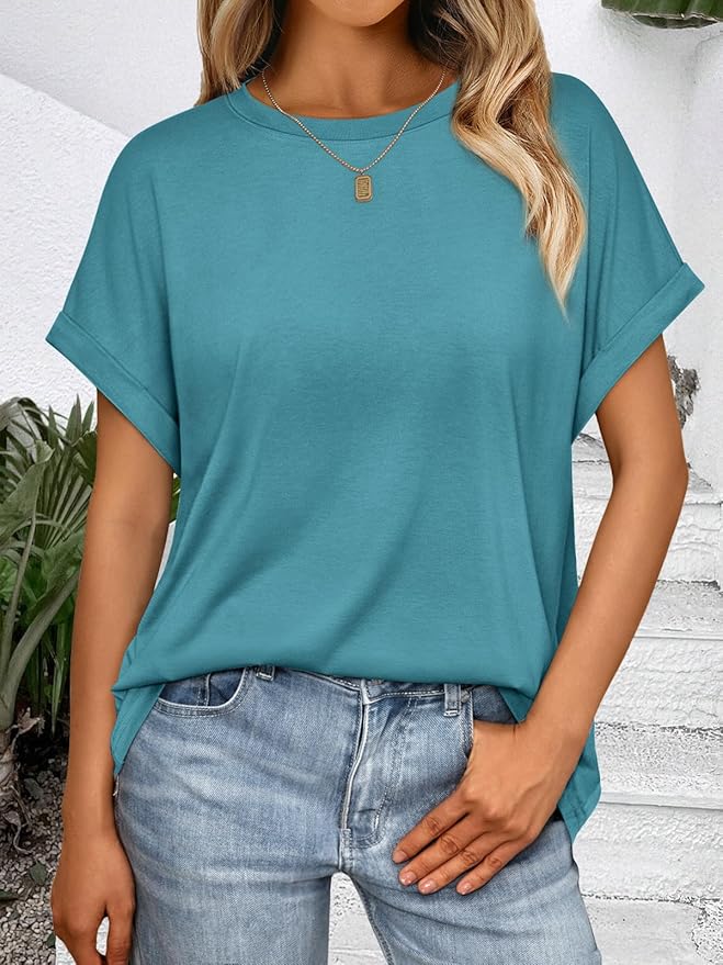 AUTOMET Women's Oversized Short Sleeve T Shirts Casual Drop Shoulder Rolled Cuff Summer Tops for Work, Travel and Lounge