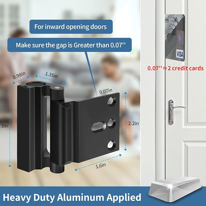 Home Security Door Reinforcement Lock Safety Latch Extra Front Doors Security Devices, Anti Door Kick in Safety Protector for Door Inside, Child Proof Aluminum Locks Black 1Pack