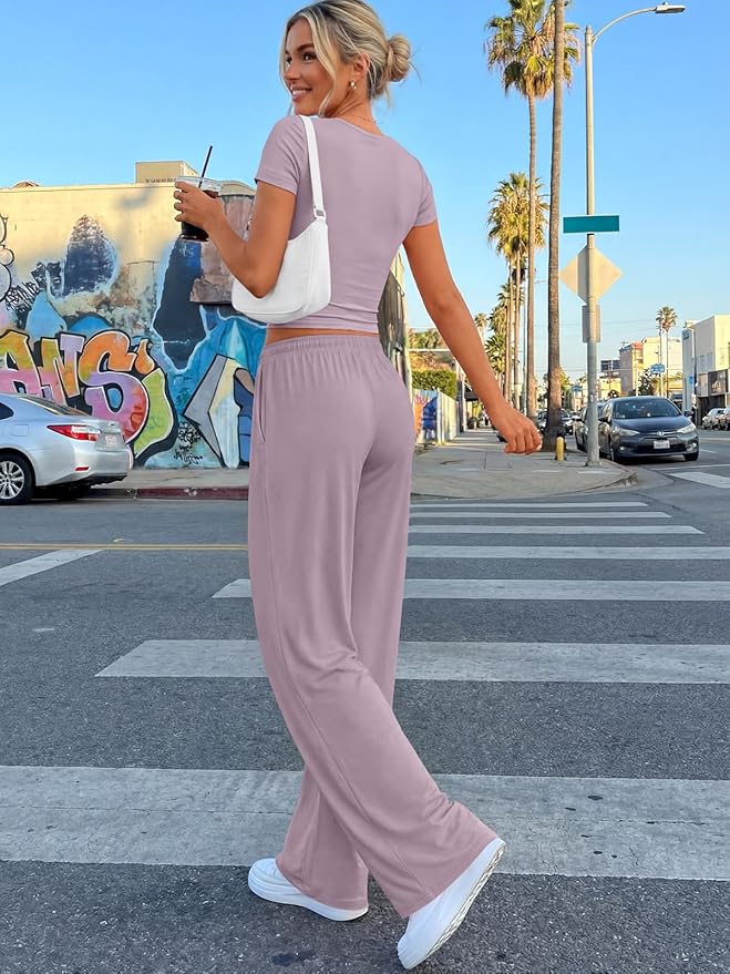 Trendy Queen 2 Piece Matching Summer Lounge Set Womens Side Ruching Top Wide Leg Pants Sets with Pockets