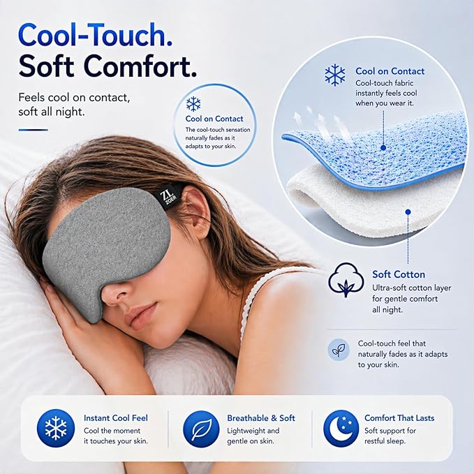 Cool-Touch Cotton Eye Sleep Mask for Men & Women, Soft & Breathable, Pressure-Free Design for Side Sleepers, Adjustable Light Blocking Mask for Sleeping, Travel & Naps (Gray)