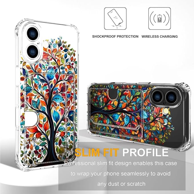 Compatible with iPhone 16 Plus Case Card Holder for Women Cute Design,Wallet Phone Cases Transparent Cool Kawaii Protective (Clear Tree Colorful Leaves)