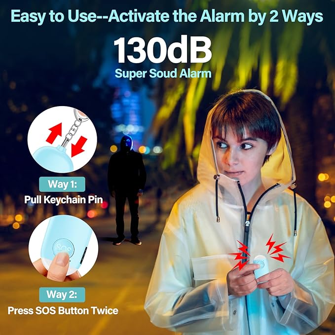 Hion Personal Safety Alarm for Women, 3 Pack Rechargeable 130dB Self Defense Alarm Keychain with LED Flashlight, Emergency Safe Sound Security for Children Elderly, White+Pink+Blue