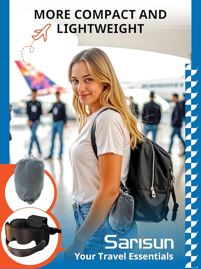 SARISUN Travel Pillow for All Airplane Seats, Airplane Pillows Combo with Chin Strap, 3D Eye Mask for Sleeping, 360° Support Travel Head Strap, Long Flights Essentials, Stop Bobblehead, Black
