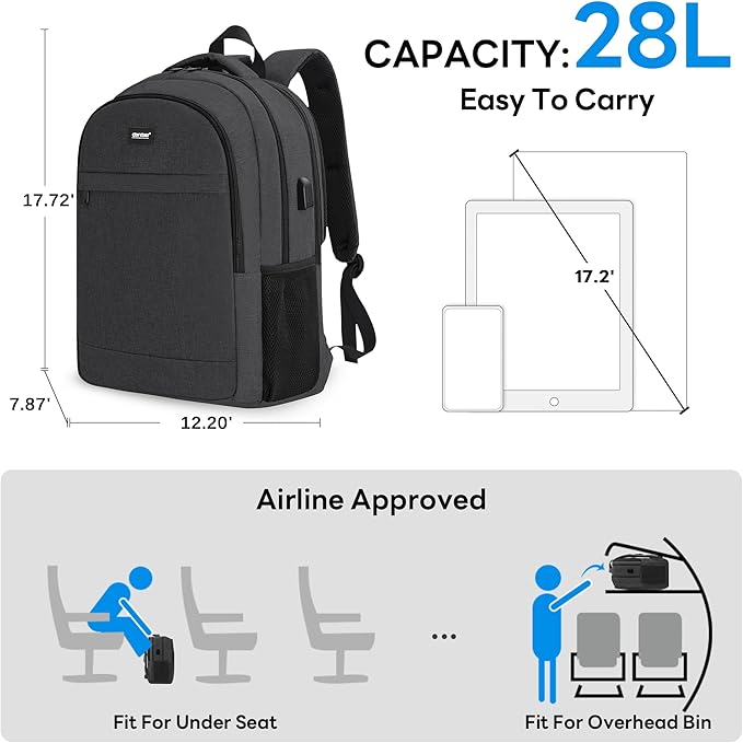 TANTOMI 17 Inch Travel Laptop Backpack for Men Women, Business Laptop Backpack with Anti Theft & USB Charging Port, Water Resistant Durable School Computer Backpack for Travel, Work, Daily Carry