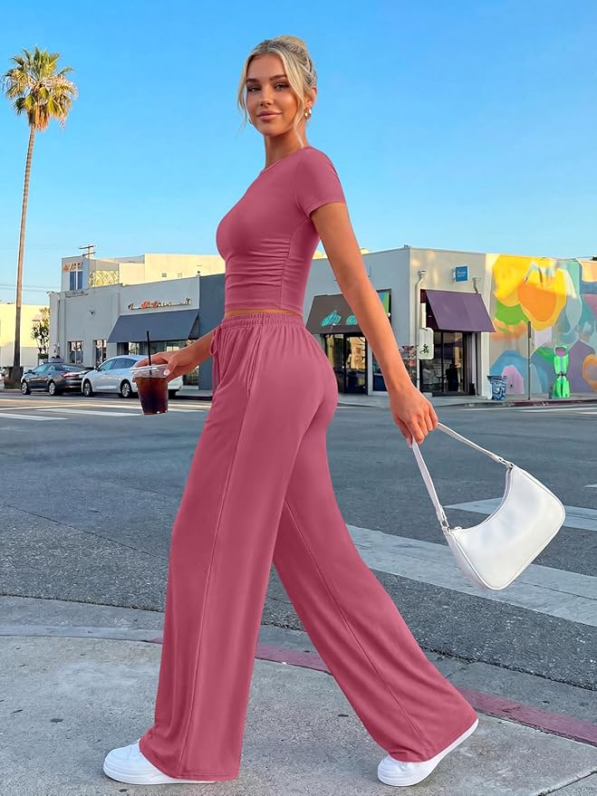 Trendy Queen 2 Piece Matching Summer Lounge Set Womens Side Ruching Top Wide Leg Pants Sets with Pockets