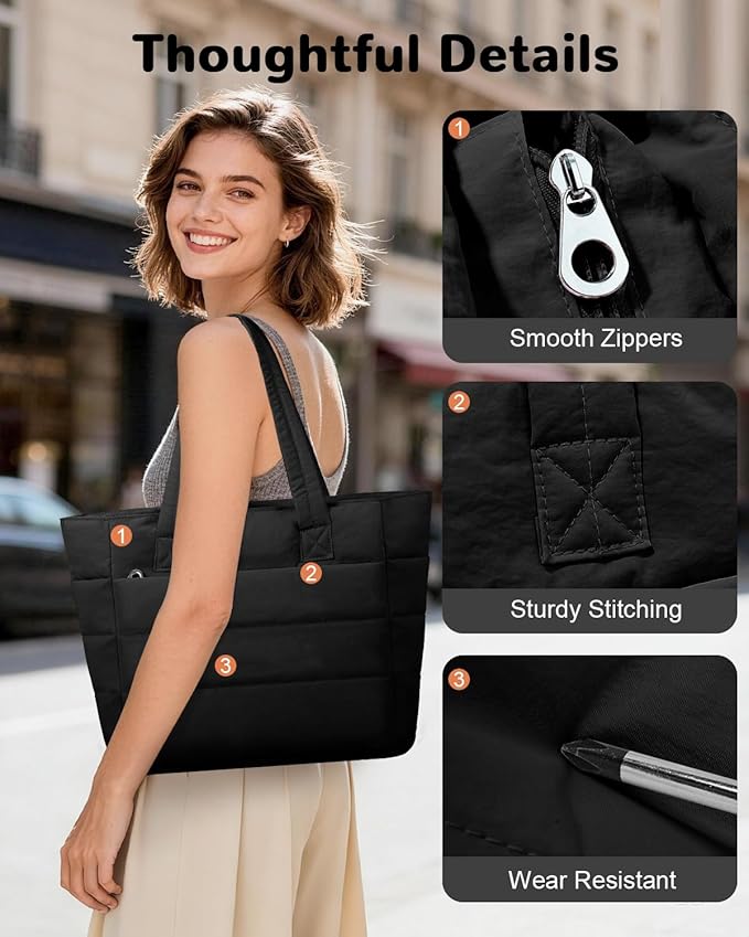 Expandable Puffer Tote Bag with Zipper for Women, Lightweight 15.6 Inch Laptop Work Tote Bag, Large Travel Tote Bags | Luggage strap, Lightweight, For 15.6 inch Laptop, Expandable, Multi-Compartments