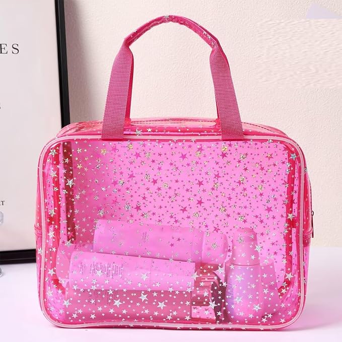 SxoSyo Clear Makeup Bags Large Toiletry Bag for Women Transparent Cosmetic Bag with Handle Travel Essential Bathroom Organizer (Green Star)
