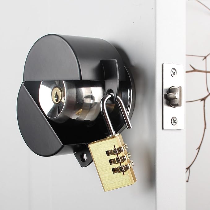Door Knob with Lock,Without Drilling,Dementia Door Handle Lock，from Outside Prevents Turning of Door Knob and Access to Keyhole,for Apartment Evictions，Childproof (Black with Padlock)