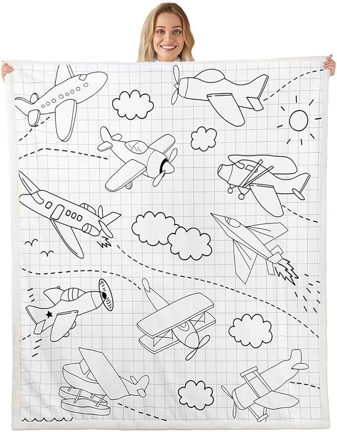 Cartoon Airplane Kids Throw Blanket,Cloud American Aircraft Cute Bed Blanket for Girls Boys Adults,Geometric Grids Patchwork Fleece Blanket,Black White Fuzzy Blanket,Baby Size (30 x 39 Inches)
