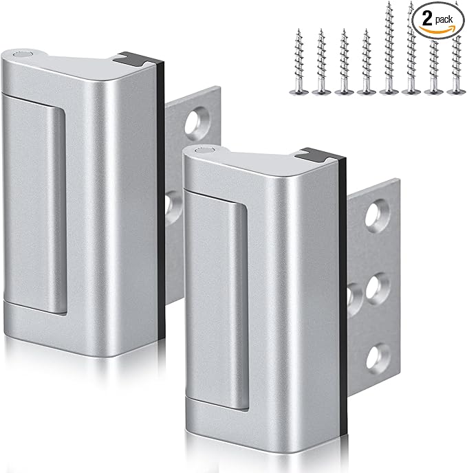 Child Safe Door Reinforcement Lock 2 Pack, 800lbs Heavy Duty Aluminum Inward Door Security Lock, 3 Inch Stop with Protective Silicone Strips for Extra Kids Safety, Silver