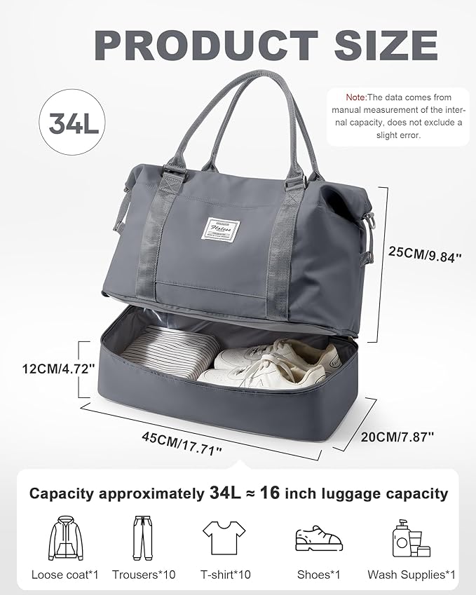 Spirit Travel Duffel - 18x14x8 Inches Weekender Overnight Bag with Shoes Compartment, Trolley Sleeve & Carry On for Airplanes, Sport Tote Gym Bag - Grey