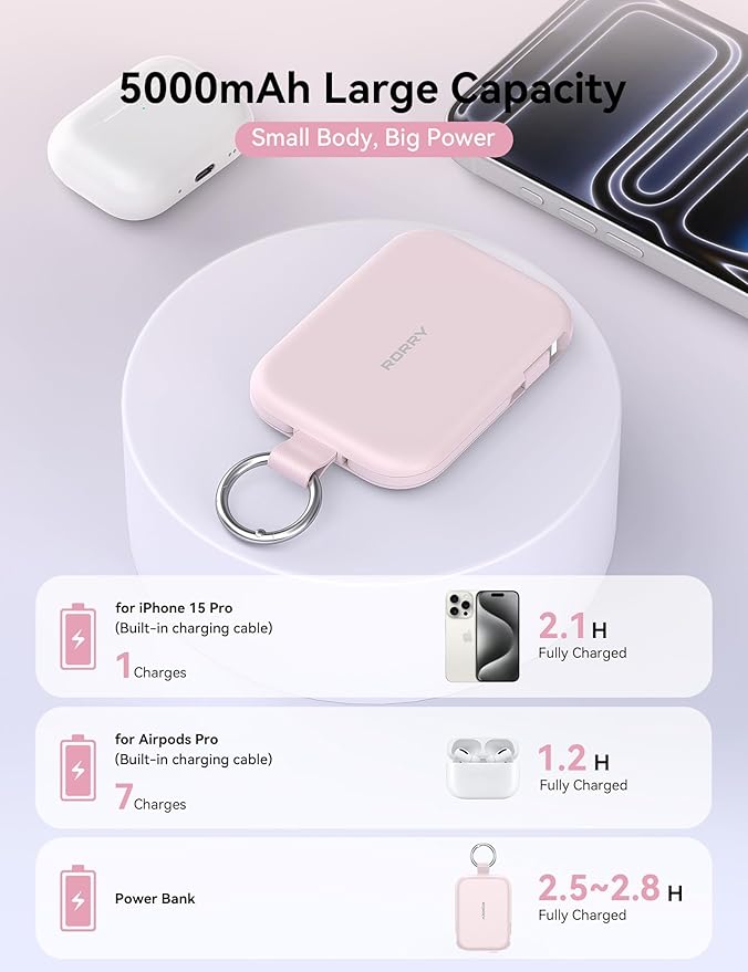 RORRY Portable Charger, 5000mAh Portable Charger Power Bank with Built-in Cables, Travel Keychain Charger Battery Pack for iPhone 17/16/15/14/13/12, for AirPods 2/3/4/Pro, Pink