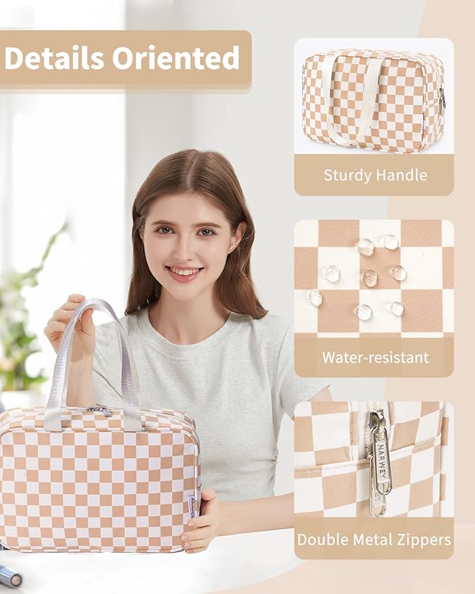 Narwey Large Travel Toiletry Bag Women, Checkered Makeup Bag with Handle, Portable Make up Cosmetic bag Organizer, Travel Bag for Toiletries, Skincare, Medicine, Essentials (Light Checkerboard, Large)