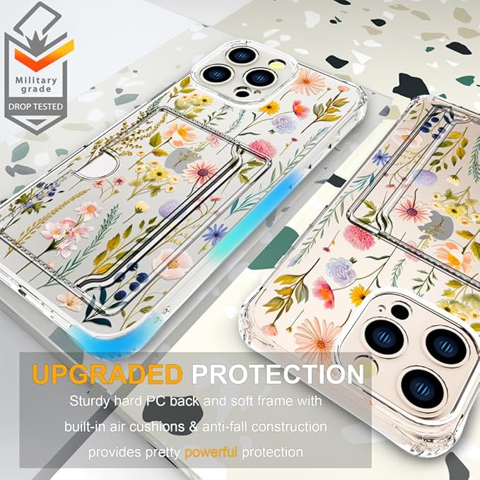 Compatible with iPhone 16 Pro Max Case Card Holder for Women Cute Design,Wallet Phone Cases Transparent Cool Kawaii Protective (Clear Watercolor Floral)