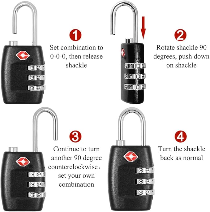 DanziX TSA Approved Lock and 4 Colors Stainless Steel Safety Tether，3-Dial Combination Travel Luggage Lock with Lanyard Security Cable for Protect Your Different Sizes of Bags,Suitcase,Baggage Black