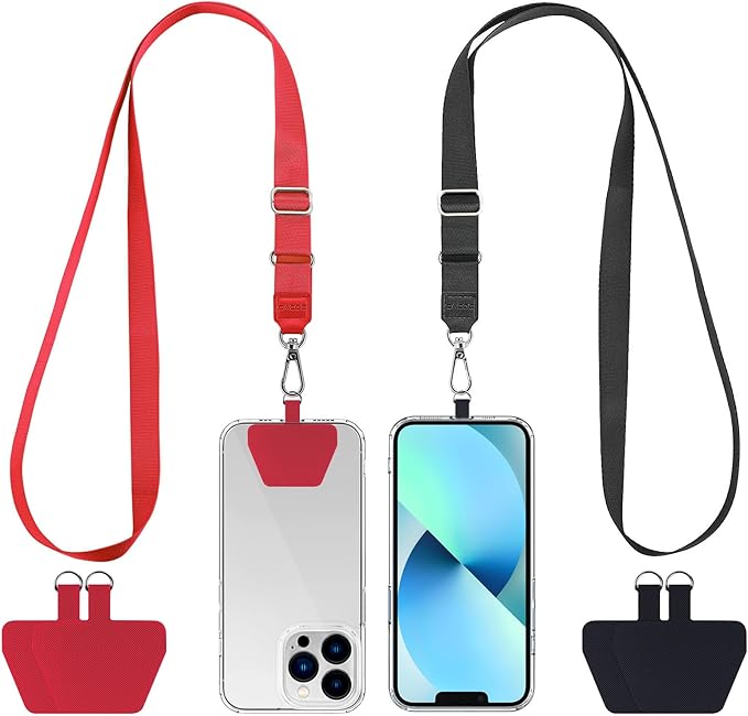 CACOE Phone Lanyard 2 Pcs Adjustable Neck Strap,4 Pcs Patches,Universal Crossbody Multifuctional Patch Polyester Cell Phone Lanyards Compatible with Most Smartphones(Black+Red)