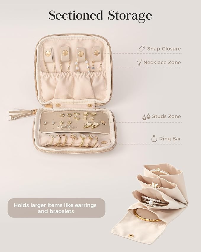 Lolalet Travel Jewelry Case Organizer, Small Jewellery Pouch with Compartments for Storage, Soft Velvet Bag for Traveling Women, Packing for Necklaces, Earrings, Bracelets, Mothers Day Gifts -Oatmeal