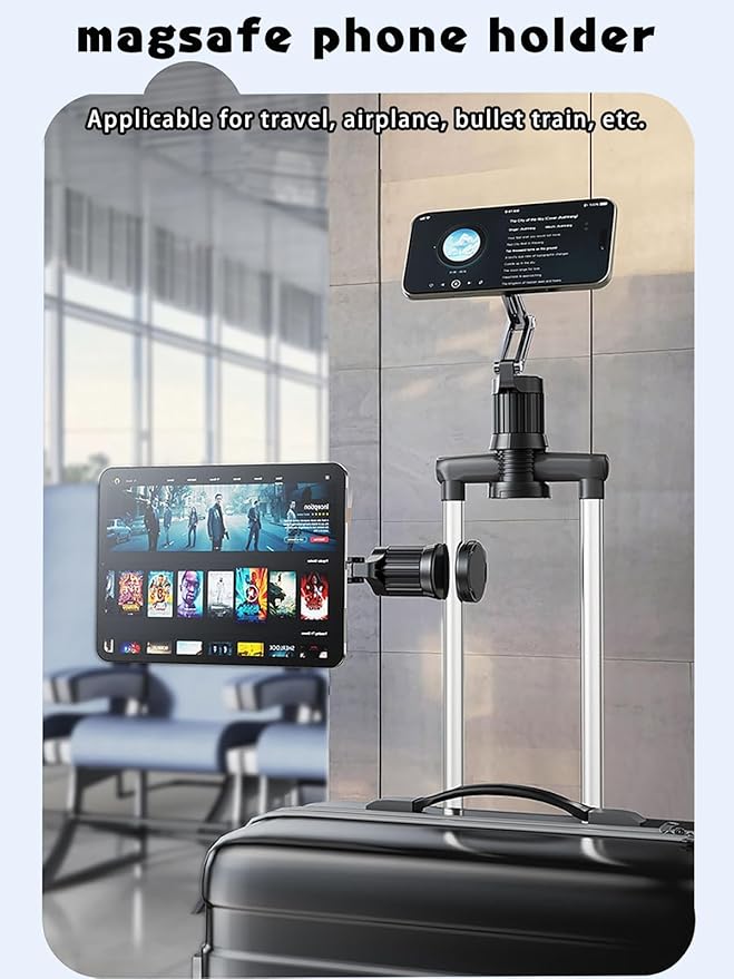 Airplane phone holder,Aluminum phone stand ,Travel Essentials Phone Holder for Magnetic,1080°Degree Rotation,Clamping device for free hands，vacuum magnetic phone stand,Accessories Compatible with All