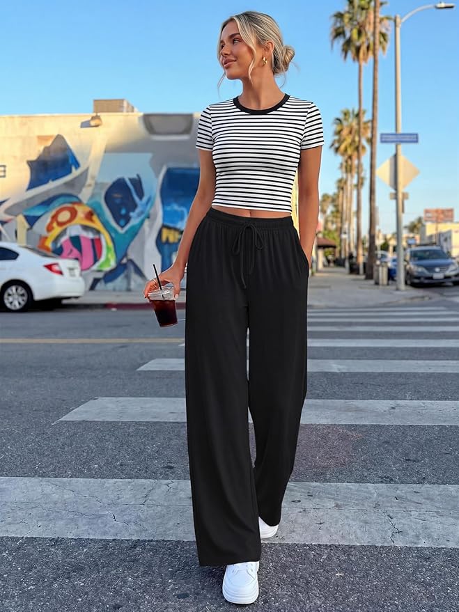Trendy Queen 2 Piece Matching Summer Lounge Set Womens Side Ruching Top Wide Leg Pants Sets with Pockets