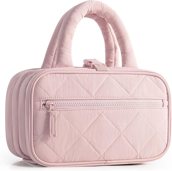 Marscamd Travel Toiletry Bag for Women with Hanging Hook, Puffy Makeup Organizer with Brushes Slots for Bathroom, Shower and Beauty Essentials, Pink