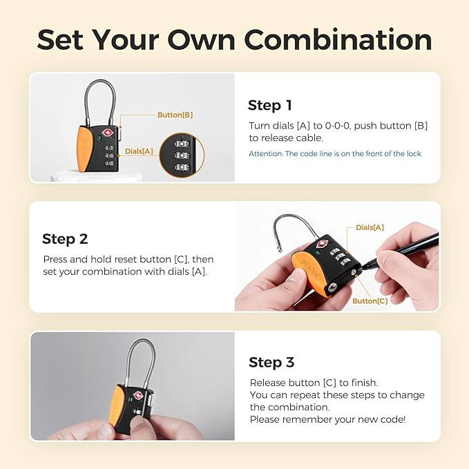 pack all TSA Approved Cable Luggage Locks, 3 Digit Combination Padlocks, Travel Lock for Suitcases & Bag, Alloy Body, Travel Accessories (1 Pack)（Orange）