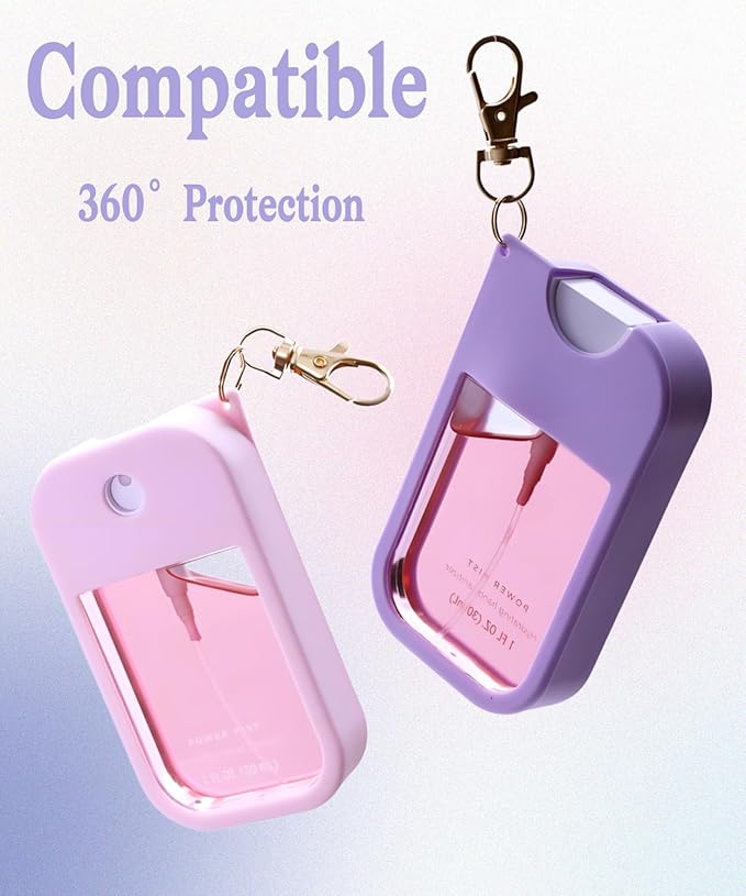 2 Sets Silicone Case Compatible with Touchland Hand Sanitizer Spray 1 FL. OZ./30 mL, Stylish Hand Sanitizer Mist Accessory with Portable Keychain (Pink, Purple)