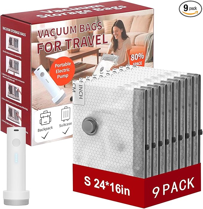 Rechargeable Wireless Pump Travel Storage Bags Set, 9 Pack (9S) Portable Space Saver Bags for Travel & Home, Vacuum Compression Packing Seal for Clothes, Blankets, Home Seasonal Storage