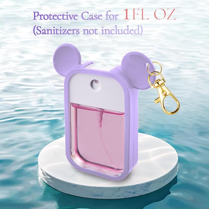 TERPINK 2 Pack Silicone Case Compatible with Touchland Hand Sanitizer Spray 1 fl oz, Mouse Design Protective Case with Keychain, Hand Sanitizer Spray Accessory (White+Purple)