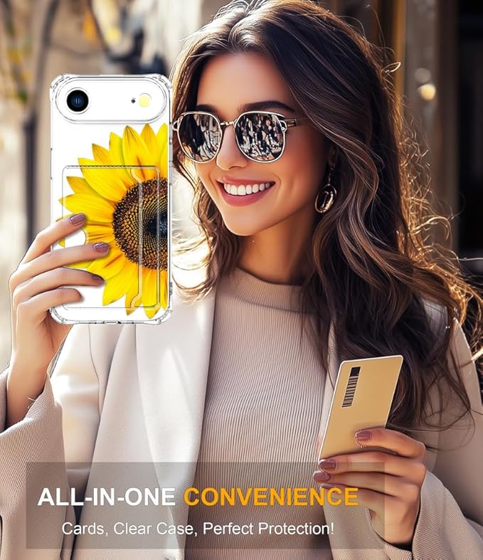 Compatible with iPhone 17 Air Case Card Holder for Women Cute Design,Wallet Phone Cases Transparent Cool Kawaii Protective (Clear Sunflower Sun Flower)