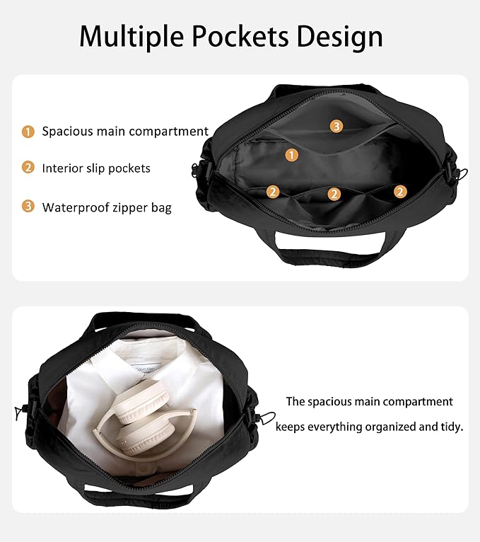 Lightweight Travel Duffle Bag for Women, Quilted Puffy Weekender with Wet Pocket for Gym, Overnight, Personal Item Carry On, Black