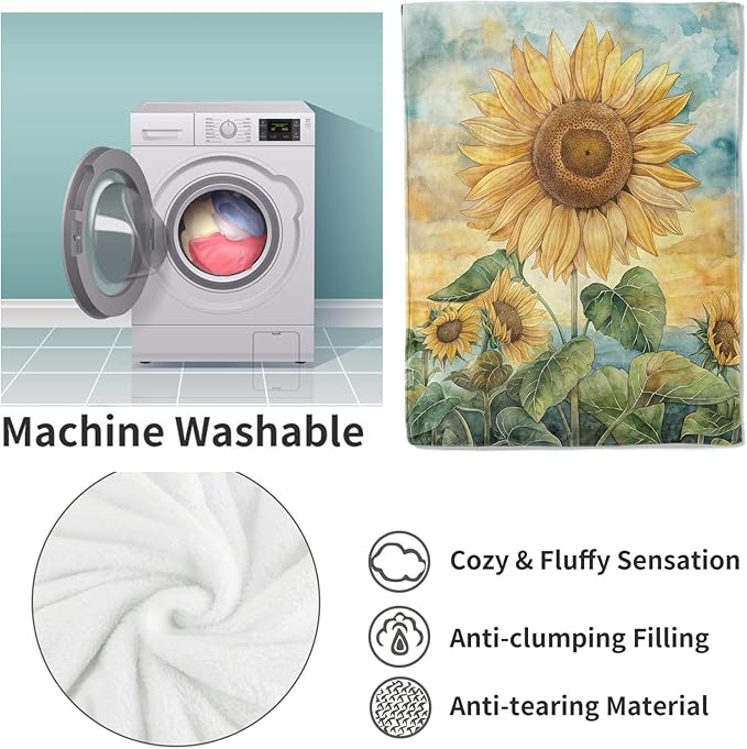 Sunflower Watercolor Painting Blanket, Yellow Sunflowers Flannel Throw Blankets,Soft Warm Lightweight Cozy Plush Throws for Bedroom Sofa Office Home Decor Gifts for Women Girls 50"x40"