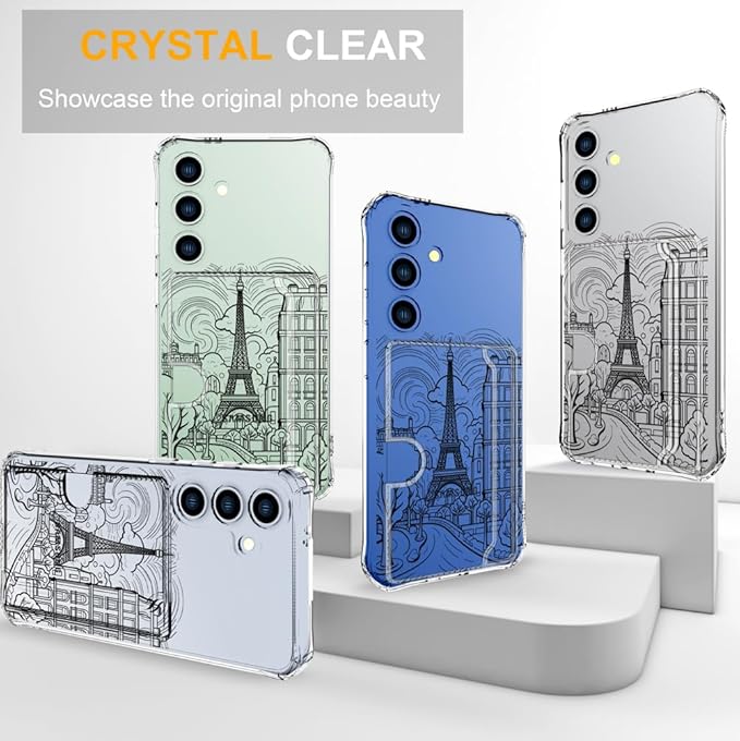 Compatible with Samsung Galaxy S24+ Plus / S25+ Plus Case Card Holder for Women Cute Design,Wallet Phone Cases Transparent Cool Kawaii Protective (Clear Paris City Eiffel Tower)