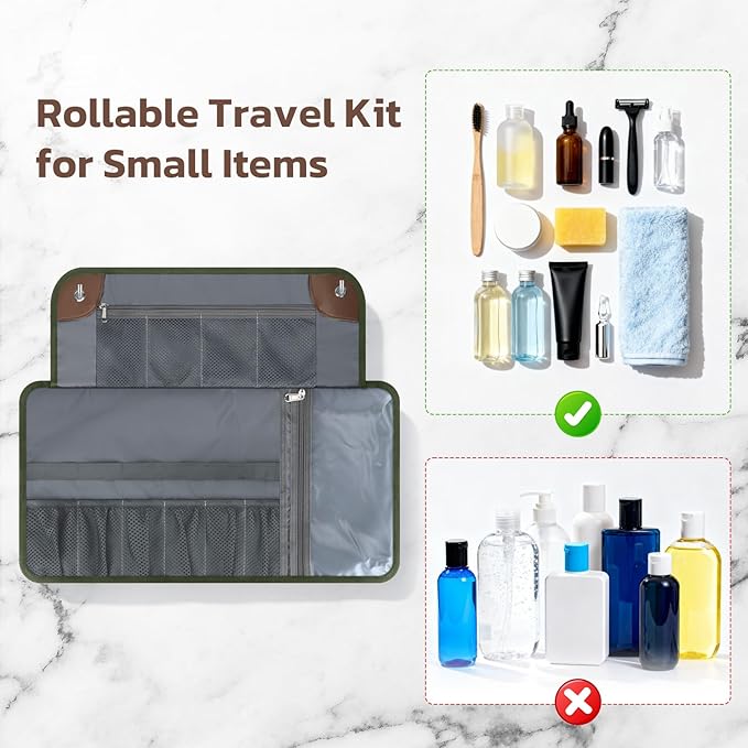 Toiletry Bag for Men, Travel Essentials Travel Toiletry Bag, Water-Resistant Compact Bathroom Roll Organizer for Hygiene, Shaving kit, Gifts for men (4.Army Green(Polyster))