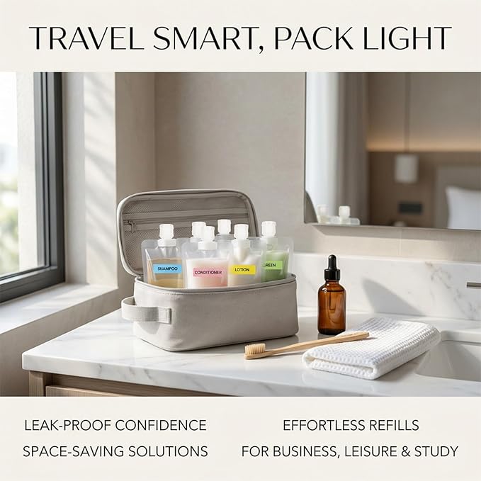 17 Pack Travel Pouches for Toiletries – TSA Compliant Leak Proof Refillable Liquid Pouches, Flat Travel Bottles for Shampoo Lotion Soap, Carry On Travel Containers 30ml 50ml 100ml