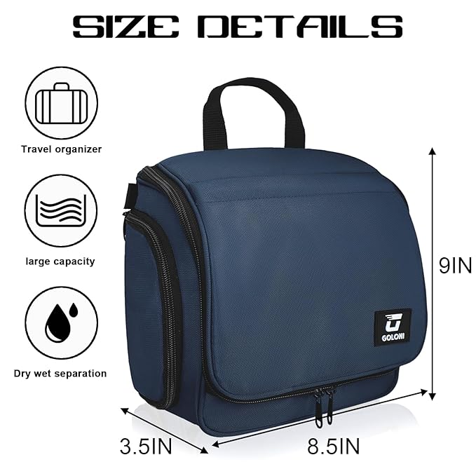 Goloni Hanging Toiletry Bag, 10 Compartments Water-Resistant Makeup Bag with 360° Spinning Metal Hook, Large Travel Cosmetic Organizer for Men & Women, Blue (7.05oz)